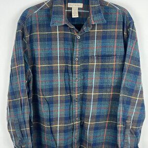 Retreat Casual Button Down Shirt Size M Blue Brown Plaid Long Sleeve Pocket Cott